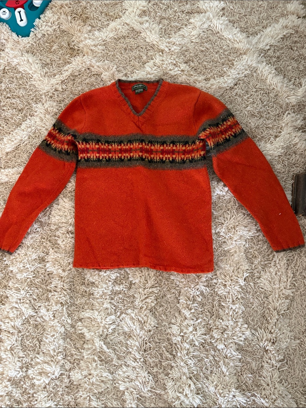 Eddie Bauer Orange V-Neck Sweater with Multicolor Chest Stripe